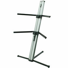 Load image into Gallery viewer, MR DJ KS1000 Professional 2-Tier Column Keyboard Stand Silver with 5/8&quot; Mic Mount