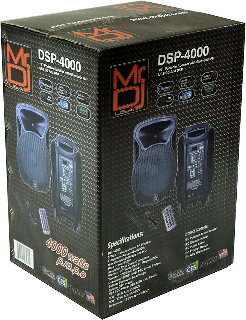 Mr. Dj DSP4000 PA DJ 15" 4000W Bluetooth DSP FM Speaker & Stand