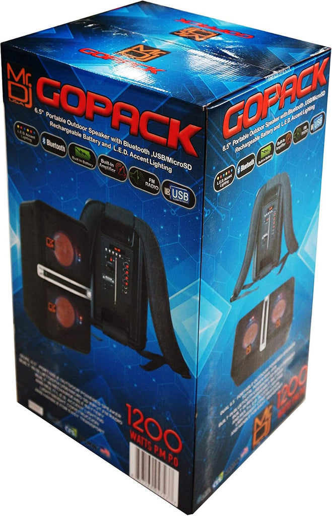 MR DJ GOPACK Dual 6.5" 1200W Portable Speaker Bluetooth USB/Micro SD Rechargeable LED Accent Lighting