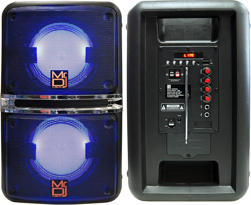 MR DJ GOPACK Dual 6.5" 1200W Portable Speaker Bluetooth USB/Micro SD Rechargeable LED Accent Lighting