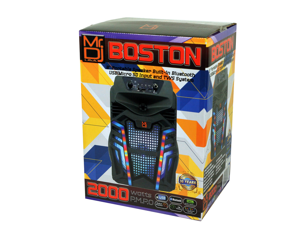 MR DJ BOSTON 8" Portable Active Powered Bluetooth TWS Speaker with 2000 Watts MP3/USB/micro SD