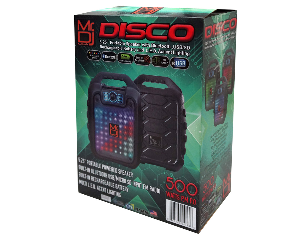 MR DJ DISCO 5.25" Portable Bluetooth Speaker Karaoke Sound Activated Lights, Battery Powered, FM Radio, USB/Micro SD Card, & LED Party Light