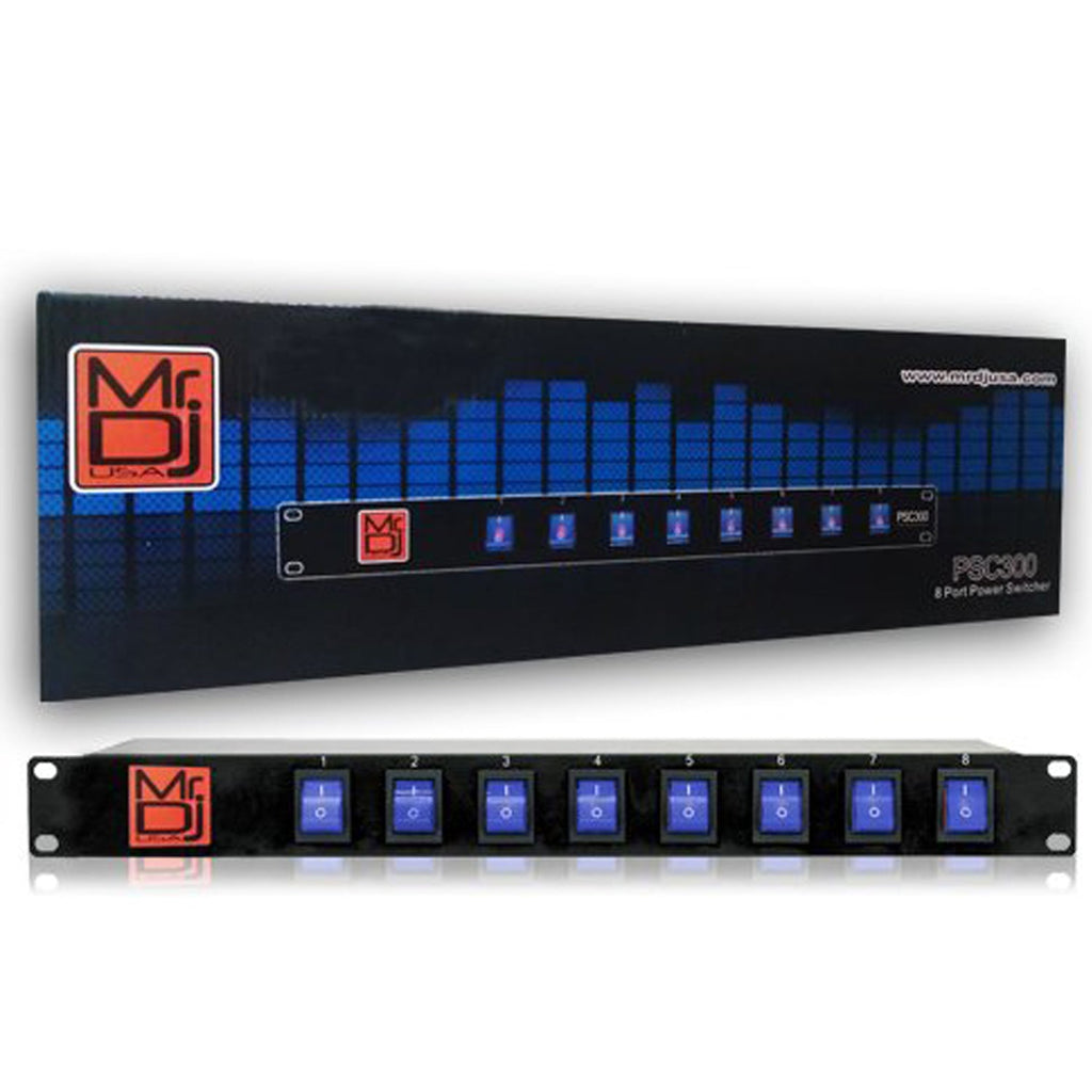 MR DJ PSC300 Rack Mountable 8 Port Power Switcher Surge Protectors Blue Toggles ON / OFF Power Center, Power Strip