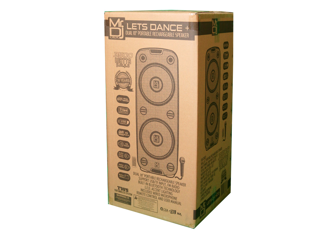 MR DJ LETS DANCE+ Dual 10" 3500W Battery Powered Bluetooth Speaker Microphone Party Speaker