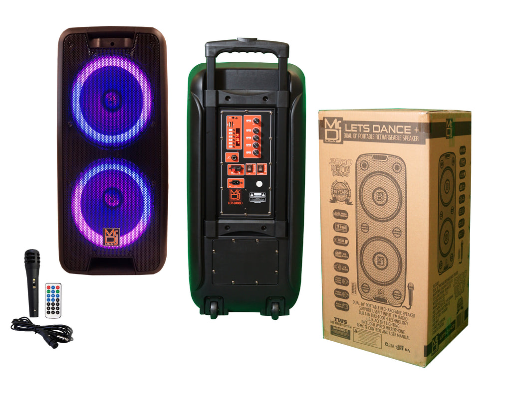 MR DJ LETS DANCE+ Dual 10" 3500W Battery Powered Bluetooth Speaker Microphone Party Speaker