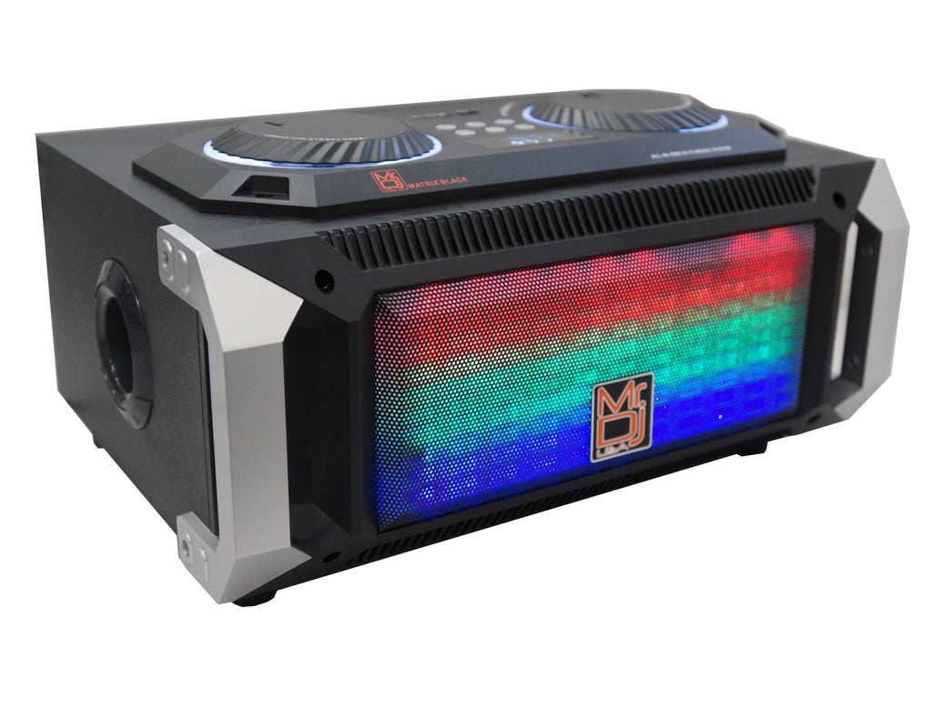 MR DJ Matrix Black Bluetooth Speaker Karaoke Sound Activated Lights, FM Radio, USB/Micro SD Card, & LED Party Light Perfect for Party