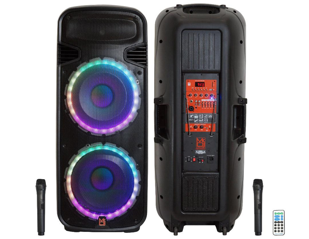 MR DJ PBX6300BAT 4500W Dual 15" Rechargeable PA DJ Party Speaker Bluetooth Light EQ MIC