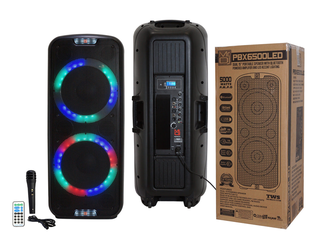 MR DJ PBX6500LED PRO PA DJ Dual 15” 3-Way Full-Range Powered/Active Live Sound Bluetooth Loud Speaker