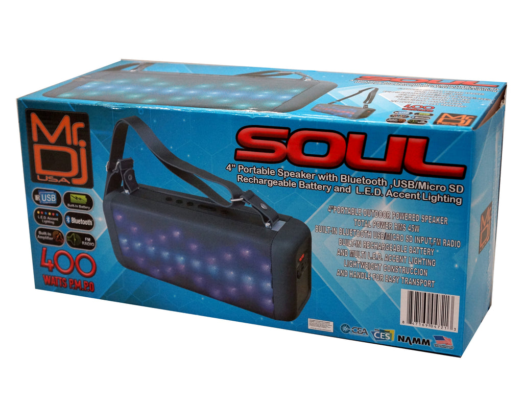 MR DJ SOUL Double 4" Portable Power Active Bluetooth Rechargeable LED Light Speaker